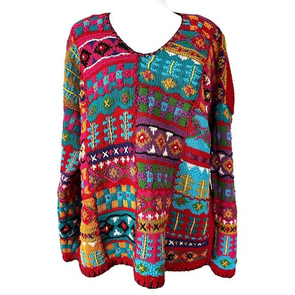 Vintage Sweaters - Vintage Rainbow Multicolor Knit Sweater 80s 90s Funky Grandma 3D Size XL